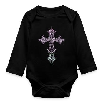 Ornate Filigree Cross Gradient - Organic Longsleeve Baby Bodysuit - black - Front