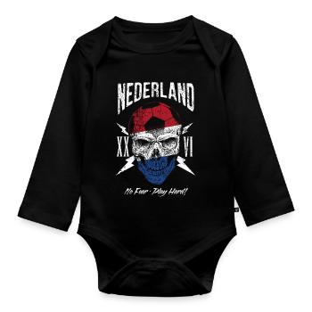 NIEDERLANDE Fußball Fan Totenkopf Flagge - Baby Bio-Langarm-Body - Schwarz - Vorne