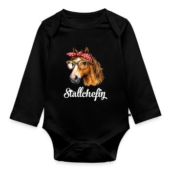 Stallchefin Pferd Stall lustig - Baby Bio-Langarm-Body - Schwarz - Vorne
