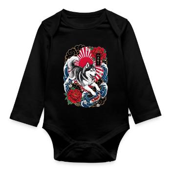 Siberian Husky im japanischen Tattoo Stil - Baby Bio-Langarm-Body - Schwarz - Vorne