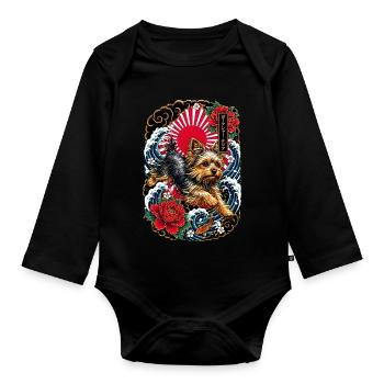 Yorkshire Terrier im Japan Tattoo Stil - Baby Bio-Langarm-Body - Schwarz - Vorne