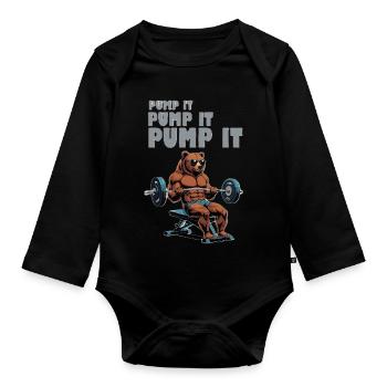 Powerbear in a fitness look - Organic Longsleeve Baby Bodysuit - black - Front