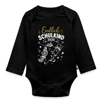 Endlich Schulkind 2026 Unicorn - Baby Bio-Langarm-Body - Schwarz - Vorne