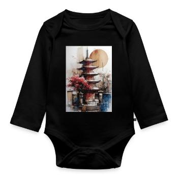 Zen-Sonne-Aquarellpagode - Baby Bio-Langarm-Body - Schwarz - Vorne