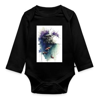 Aquarell-Koi und Kirschpagode - Baby Bio-Langarm-Body - Schwarz - Vorne