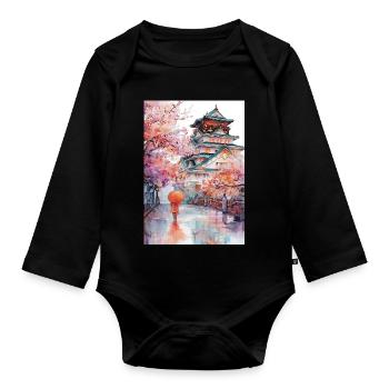 Japanische Pagode und Kirschblüten - Baby Bio-Langarm-Body - Schwarz - Vorne