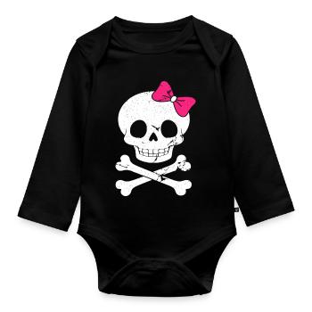Joli crâne avec un nœud rose - Body Bébé bio manches longues - noir - Devant