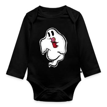 Ghost with donut and cup - Organic Longsleeve Baby Bodysuit - black - Front