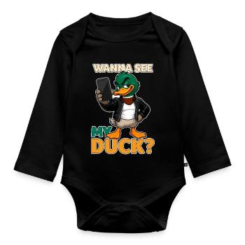 Wanna See My Duck? Funny Mallard Pun - Organic Longsleeve Baby Bodysuit - black - Front