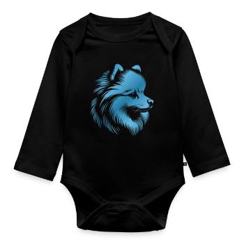 Poméranie, Poméranien, tête de chien, dessin bleu - Body Bébé bio manches longues - noir - Devant