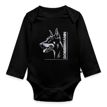 Doberman Pinscher, Dog Head, Silver Drawing - Organic Longsleeve Baby Bodysuit - black - Front