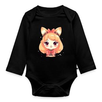 Mädchen mit Shiba Hunde Ohren und Schleife - Baby Bio-Langarm-Body - Schwarz - Vorne