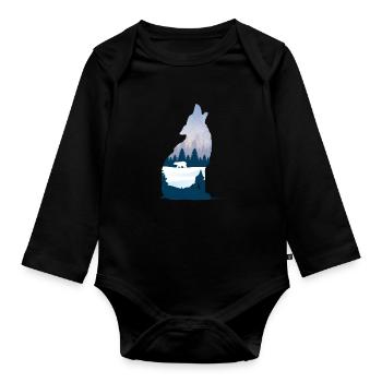 Loup hurlant en silhouette d'hiver avec forêt de conifères - Body Bébé bio manches longues - noir - Devant