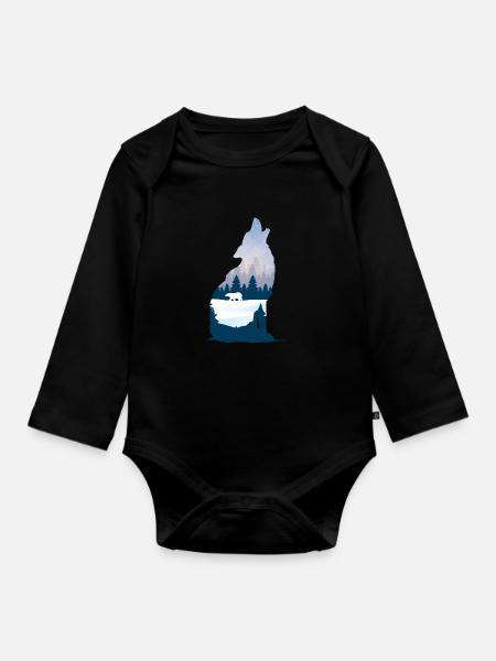 Heulender Wolf im Winter Silhouette mit Nadelwald - Baby Bio-Langarm-Body - Schwarz