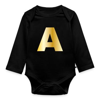 Letter A Gold Text - Organic Longsleeve Baby Bodysuit - black - Front