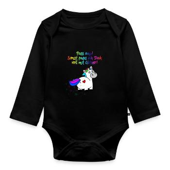 Einhorn Glitzer Pups | Einhornpups - Baby Bio-Langarm-Body - Schwarz - Vorne