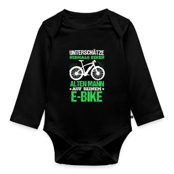 Rentner E-Bike Unterschätze Spruch Rente Fahrrad - Baby Bio-Langarm-Body - Schwarz - Vorne