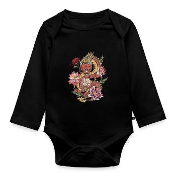 Dragon japonais avec fleurs Vintage Dragon - Body Bébé bio manches longues - noir - Devant