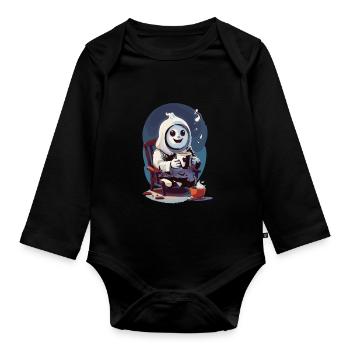 Cute little ghost drinking coffee - Organic Longsleeve Baby Bodysuit - black - Front