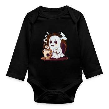 Cute little ghost drinking coffee - Organic Longsleeve Baby Bodysuit - black - Front