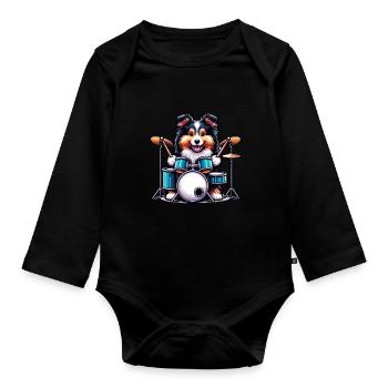Cool Sheltie Drummer Puppy Design - Organic Longsleeve Baby Bodysuit - black - Front