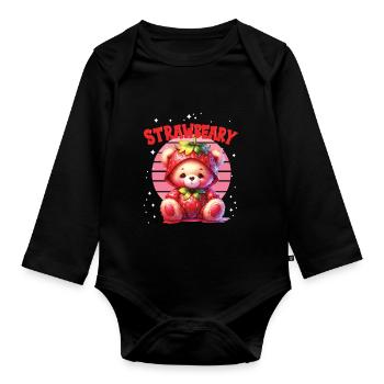 Petit ours kawaii japonais avec des fraises en costume - Body Bébé bio manches longues - noir - Devant