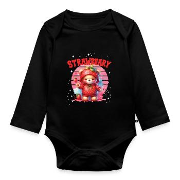 Petit ours kawaii japonais avec des fraises en costume - Body Bébé bio manches longues - noir - Devant
