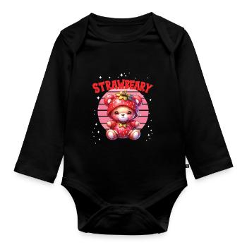 Petit ours kawaii japonais avec des fraises en costume - Body Bébé bio manches longues - noir - Devant