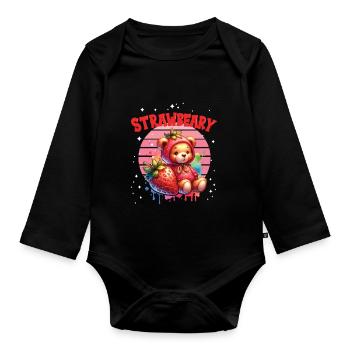 Petit ours kawaii japonais avec des fraises en costume - Body Bébé bio manches longues - noir - Devant