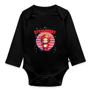 Petit ours kawaii japonais avec des fraises en costume - Body Bébé bio manches longues - noir - Devant