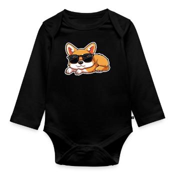 Corgi allongé avec des lunettes de soleil - Body Bébé bio manches longues - noir - Devant