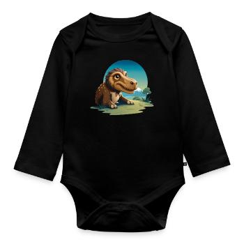 Dinosaur walking in the grass - Organic Longsleeve Baby Bodysuit - black - Front