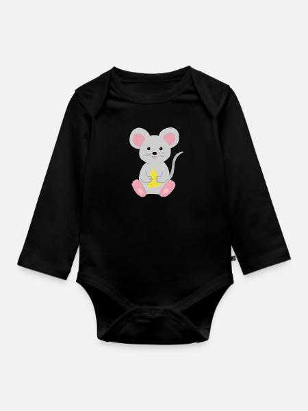 Mouse with cheese - Organic Longsleeve Baby Bodysuit - black