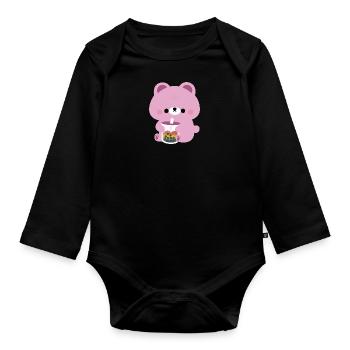 Pink Boba Bear - Organic Longsleeve Baby Bodysuit - black - Front