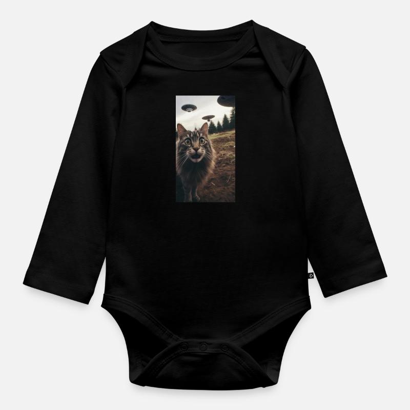 Funny Cat Selfie Scared with Ufos in Background - Baby Bio-Langarm-Body - Schwarz