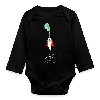 Lustiger Rettich als Retter und Held (b) - Baby Bio-Langarm-Body - Schwarz - Vorne