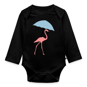 Flamingo mit Regenschirm oder Sonnenschirm - Baby Bio-Langarm-Body - Schwarz - Vorne