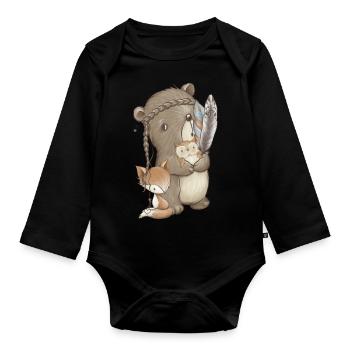 Baer Bär Eule & Fuchs Waldtiere Woodland Animals - Baby Bio-Langarm-Body - Schwarz - Vorne