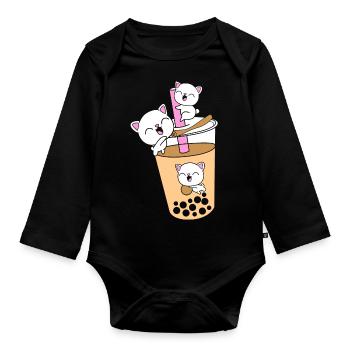 Boba Tee Bubble Tea Katze Kätzchen - Baby Bio-Langarm-Body - Schwarz - Vorne