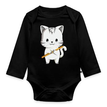 Cute Cat With Flute Kawaii Anime Japanese - Baby Bio-Langarm-Body - Schwarz - Vorne