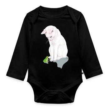Chat blanc avec grenouille verte - Body Bébé bio manches longues - noir - Devant