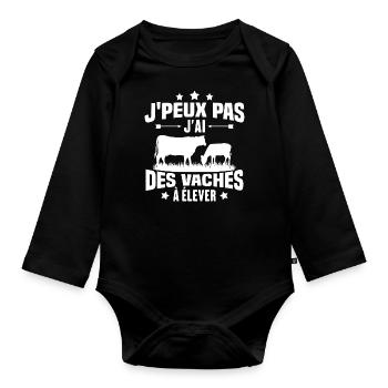 J'peux pas j'ai des vaches a élever Cadeau humour - Body Bébé bio manches longues - noir - Devant