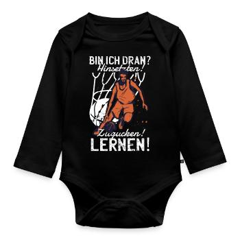 Basketball Spruch Hinsetzen! Zugucken! Lernen! - Baby Bio-Langarm-Body - Schwarz - Vorne