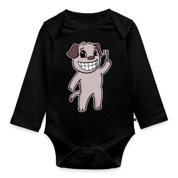 Dog with toothbrush - Organic Longsleeve Baby Bodysuit - black - Front