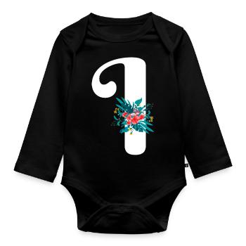 lettre I fleuris - Body Bébé bio manches longues - noir - Devant