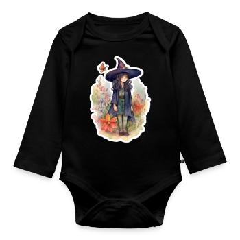 Sorcière mignonne sur une prairie fleurie - Body Bébé bio manches longues - noir - Devant