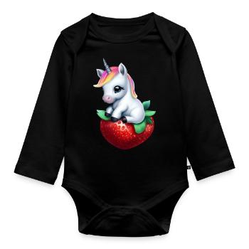 Unicorn on strawberry - Organic Longsleeve Baby Bodysuit - black - Front