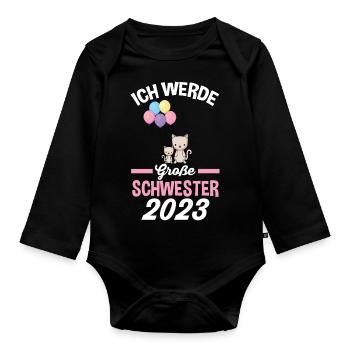 Katze Schwester 2023 - Baby Bio-Langarm-Body - Schwarz - Vorne