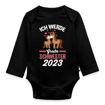Pferd Schwester 2023 - Baby Bio-Langarm-Body - Schwarz - Vorne
