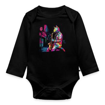 Cat Saxophone Musicien Jazz Saxophoniste Swing Meow - Body Bébé bio manches longues - noir - Devant